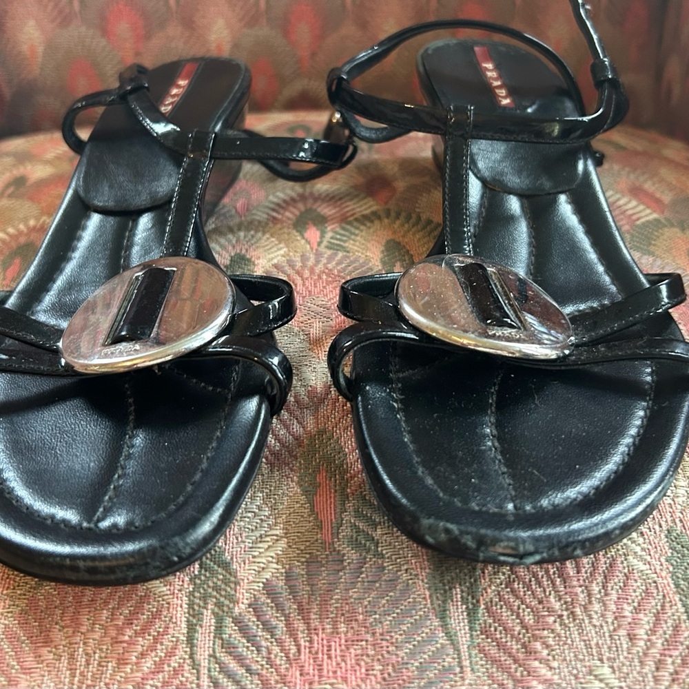 Prada Black Leather Strappy Sandals with Silver Disc Detail - Picture 4 of 6